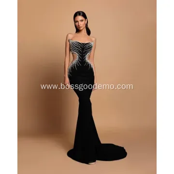 Black Backless Long Dress with Beading and Rhinestones
